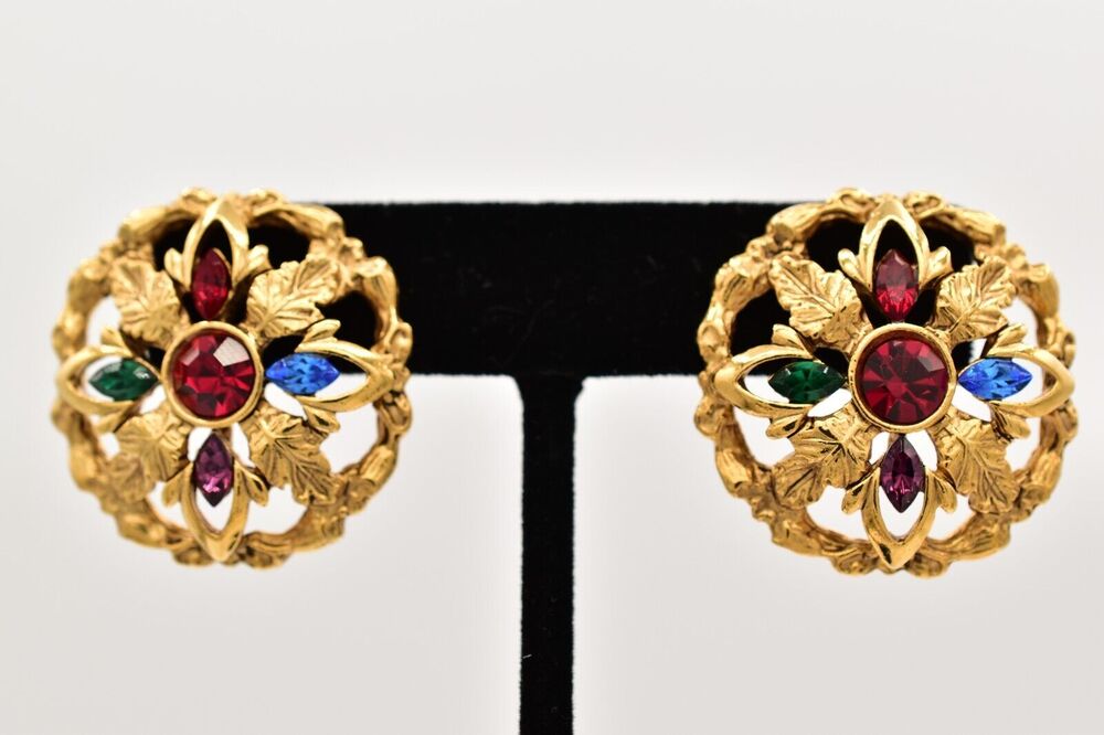 Vintage Crystal Earrings Red Rhinestone Antiqued Gold Chunky NOS 1980s BinA18